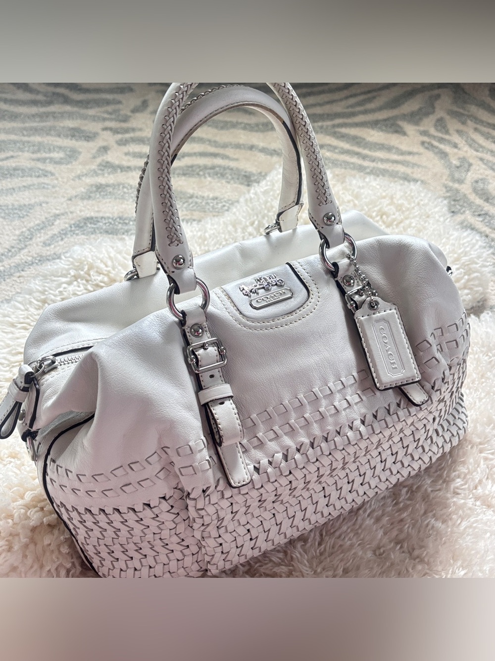 Coach White Woven Leather Satchel with Braided Handles